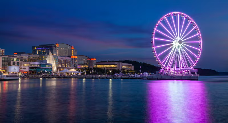 The National Harbor ferris wheel at dusk