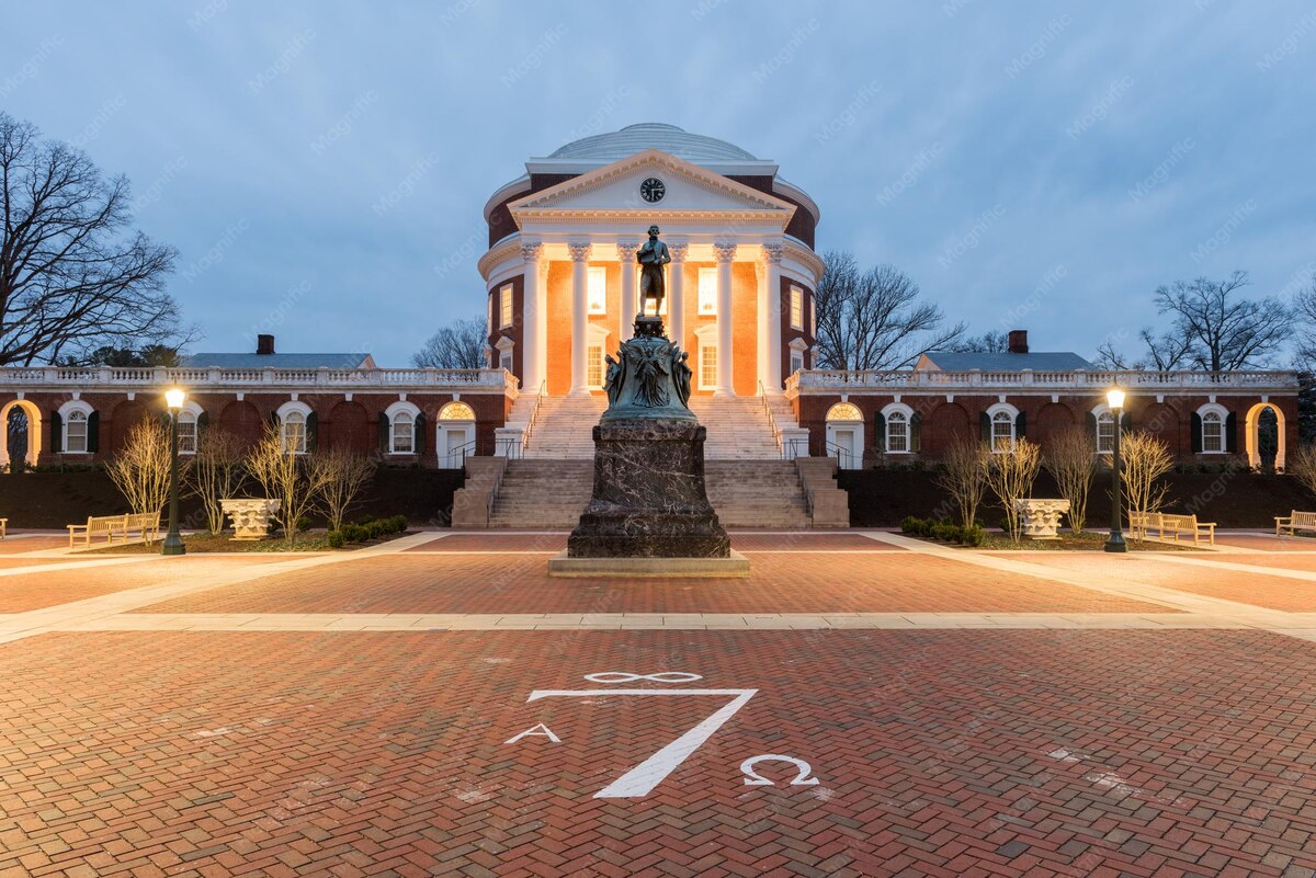 University of Virginia historic campus in Charlottesville lit at night