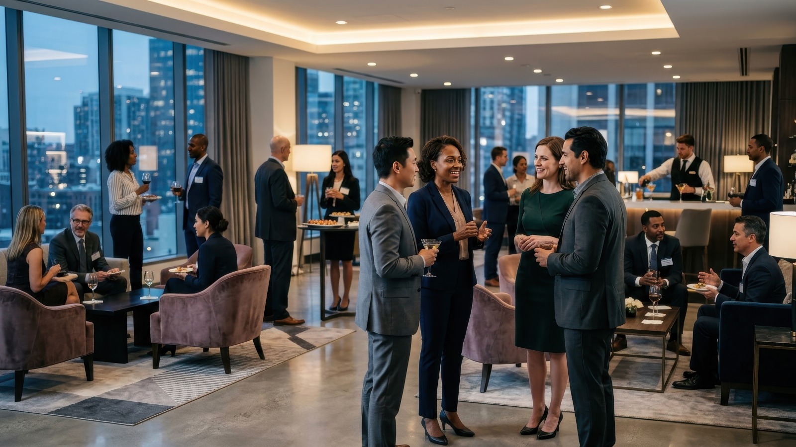Professionals mingling and talking at an evening networking reception in a city lounge with floor-to-ceiling windows