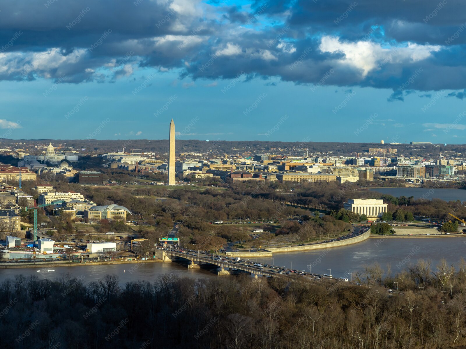 Aerial view of downtown Washington, DC with the Capitol and Washington Monument