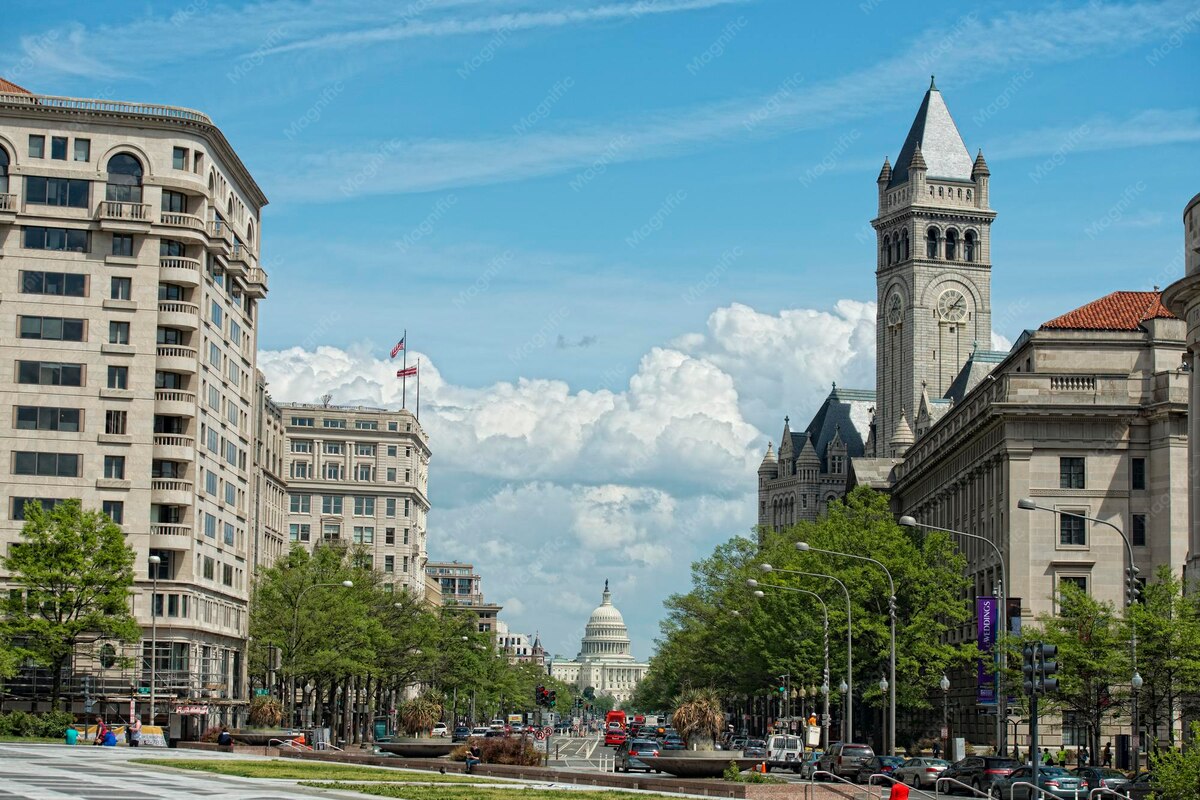 Pennsylvania Avenue and the US Capitol seen from Freedom Plaza in Washington, DC