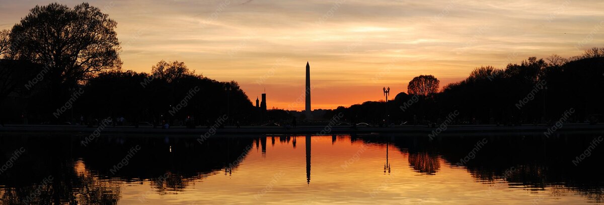Panoramic silhouette of the Washington, DC skyline at dusk