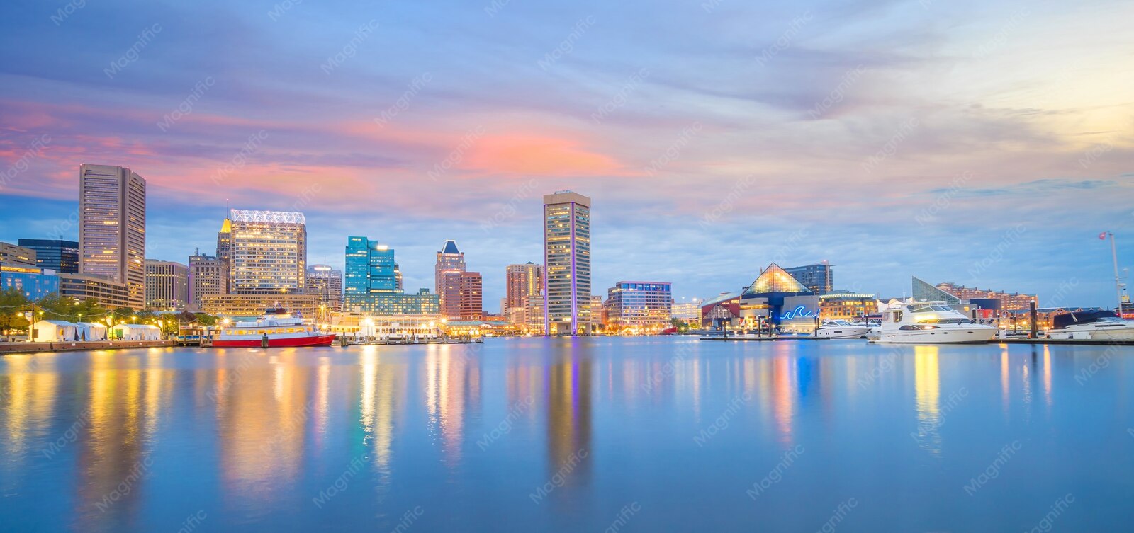Baltimore Inner Harbor waterfront at sunset
