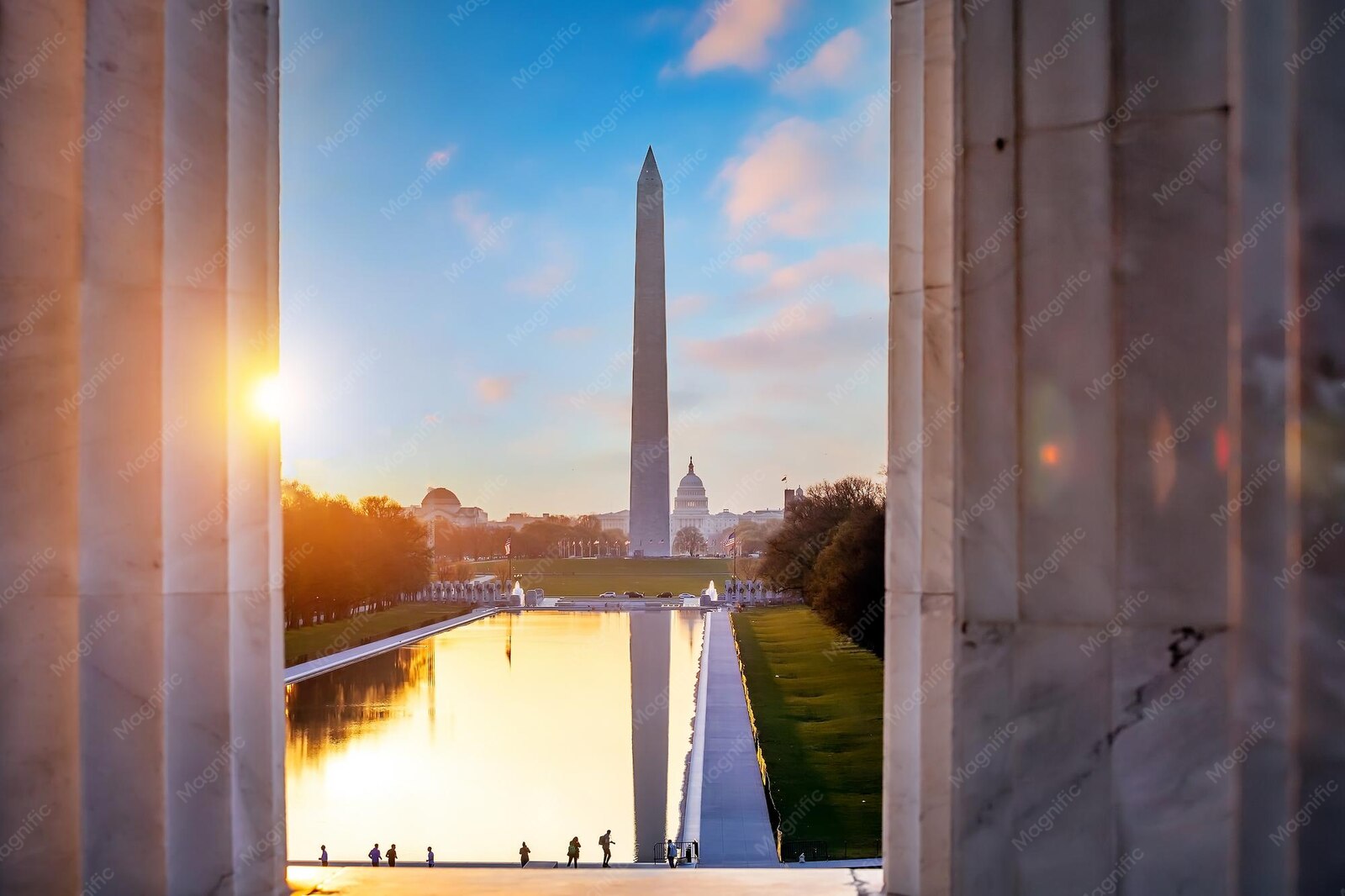 Washington Monument mirrored in the Reflecting Pool on the National Mall in Washington, DC